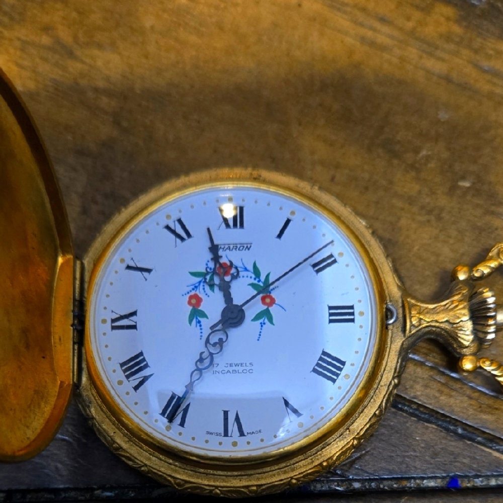 Sharon Gold Pocket Watch with Floral Design